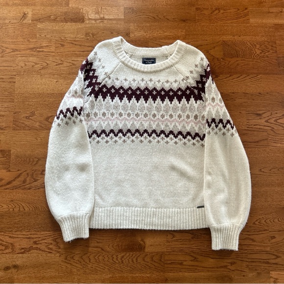 Abercrombie & Fitch Sweaters - Abercrombie Sweater Women L Pullover Ivory Burgundy Fair Isle Nordic Pink Cotton